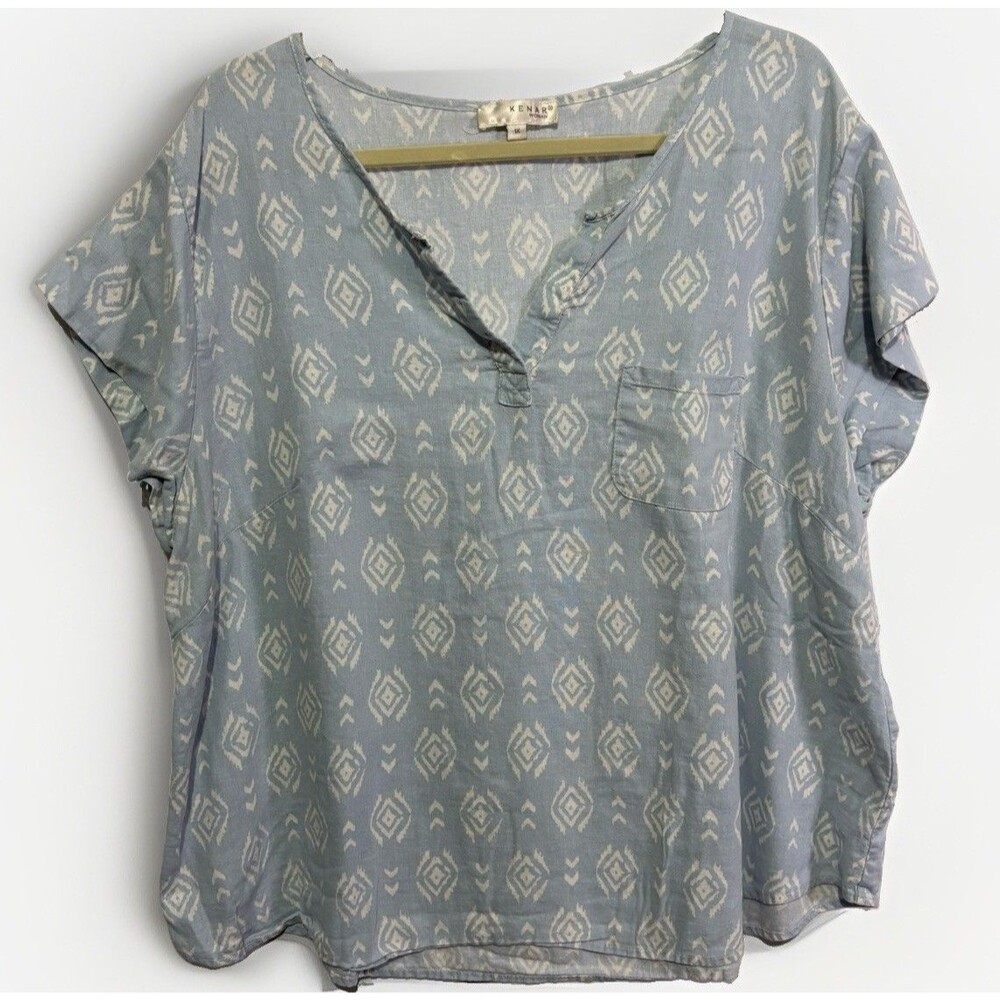 Kenar Top Women’s  Plus Size‎ 1X Blue White Geometric Linen Blend Coastal Beachy